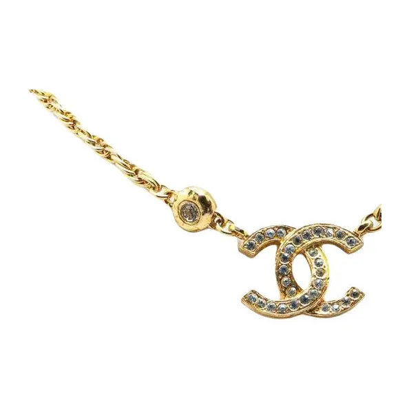 CHANEL 1970 1980 Plated Cc Rhinestone Pendant Necklace Costume Necklace-2