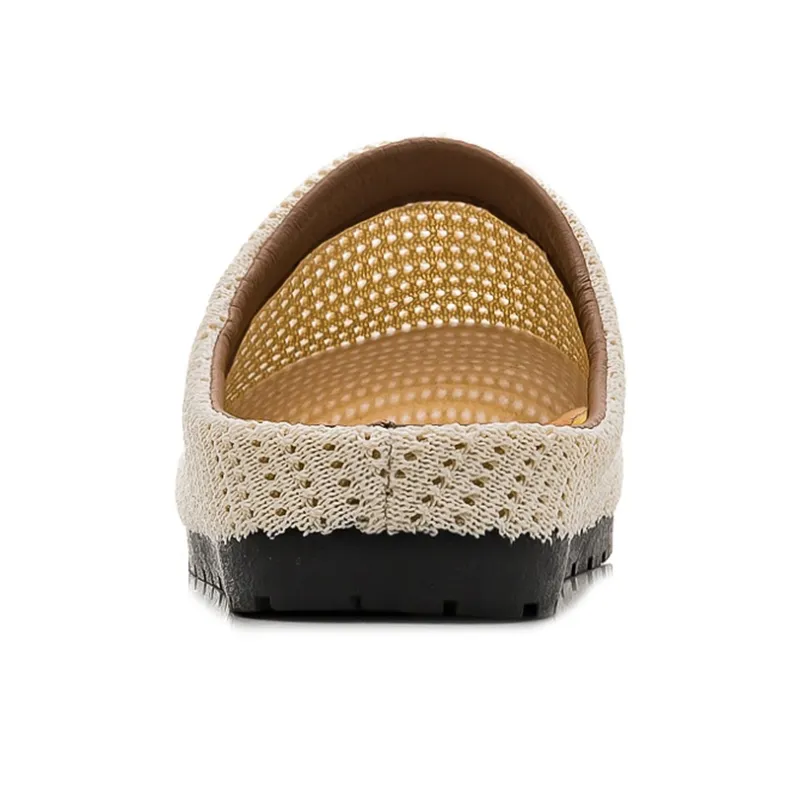 HUANQIU Rubber Sole Cut Out Woven Quiet, Odor Resistant, Slip Resistant Closed Toe Slippers Women's Beige-3