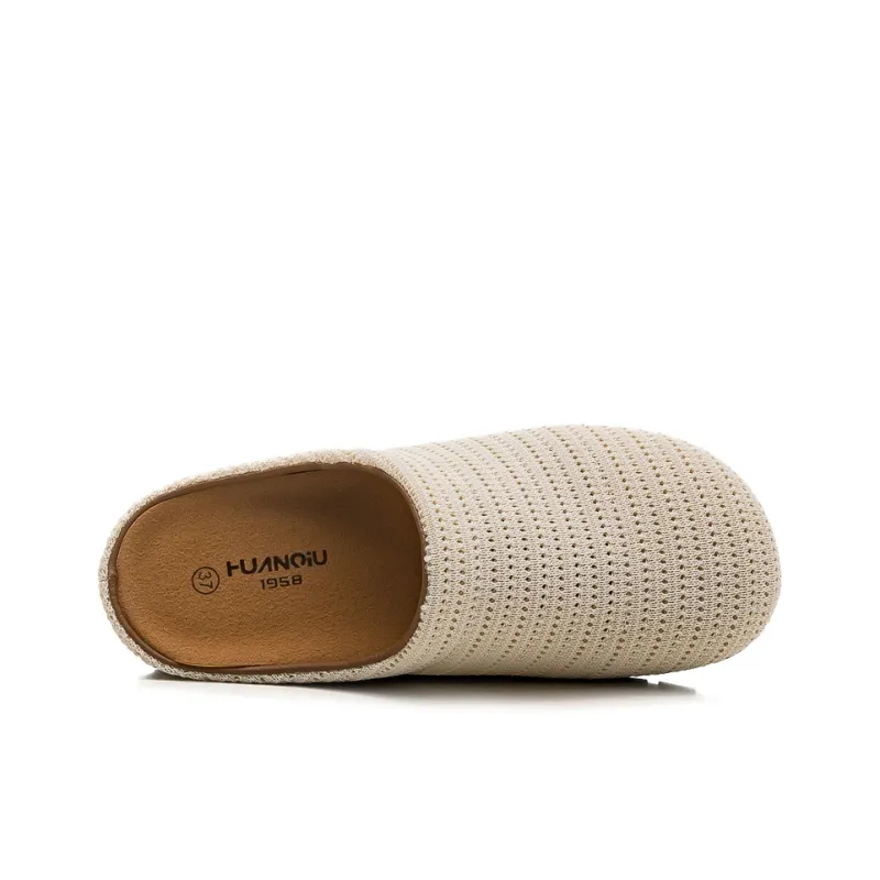 HUANQIU Rubber Sole Cut Out Woven Quiet, Odor Resistant, Slip Resistant Closed Toe Slippers Women's Beige-2