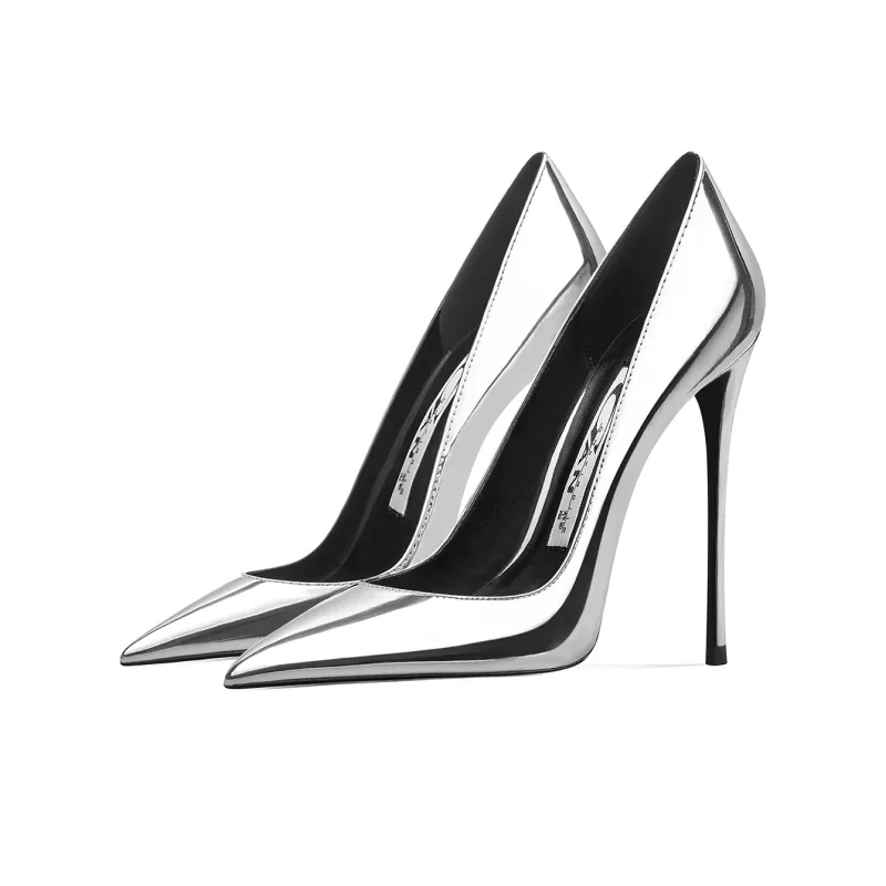 Ganxiaojie Slim Heel High Heels Women's Mirror Finish Silver-2