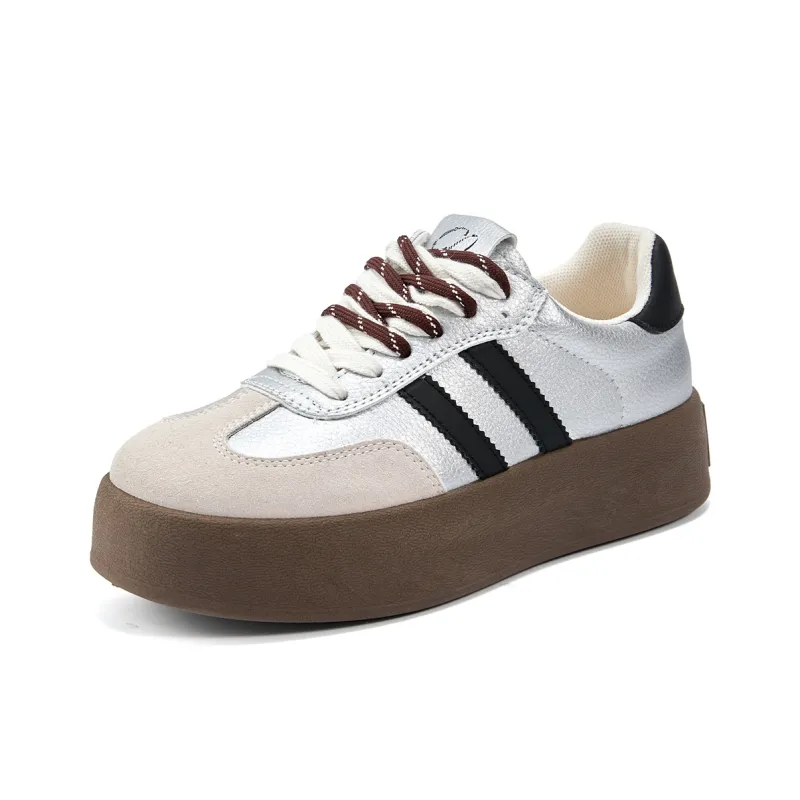 La Chapelle Anti Slip Wear Resistant Low Top Skateboard Shoes Women's Beige Gray Silver-0