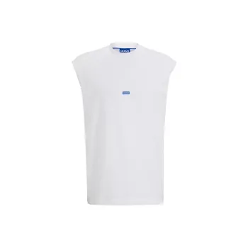HUGO BOSS Sleeveless Cotton Jersey T Shirt With Blue Logo Label T Shirt Men's White