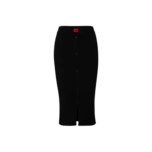 HUGO BOSS Ribbed-Knit Midi Skirt With Button Front Casual Long Skirts Women's Black