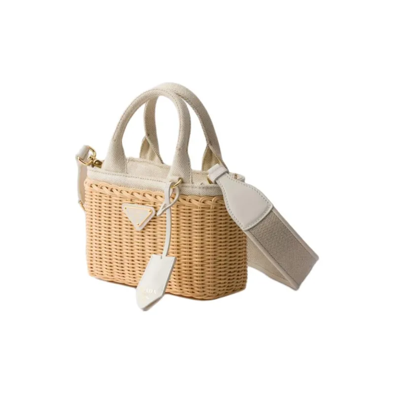 PRADA Rattan Tote Handbag Mini Women's White-1