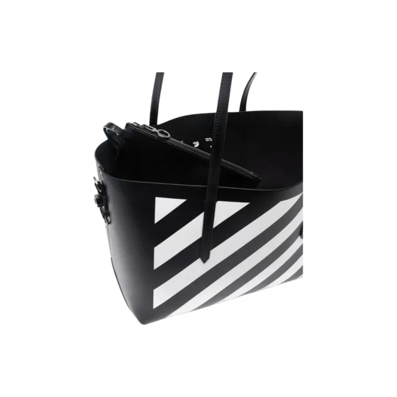 OFF WHITE Genuine Leather Tote Bag, Shopping Bag, One Shoulder Handbag Medium Size Women's Black White-3