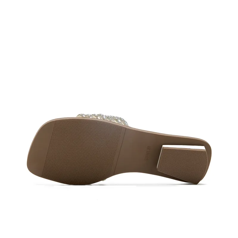 La Chapelle Rhinestone Abrasion Resistant Slide Slippers Women's Beige-5