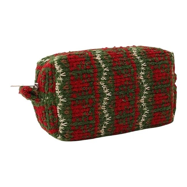 QEEDNS Knitted Fabric Christmas Red Large Capacity Makeup Bags-10