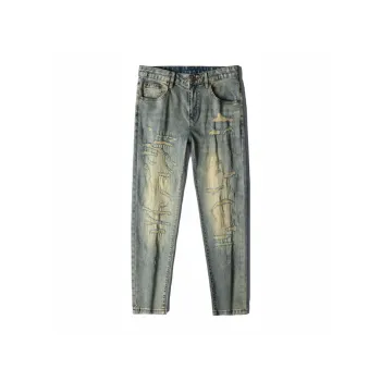 JIKENDI Jeans Men Vintage Blue Ankle Length Pants