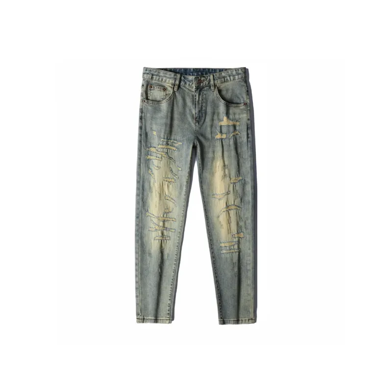 JIKENDI Jeans Men Vintage Blue Ankle Length Pants-0