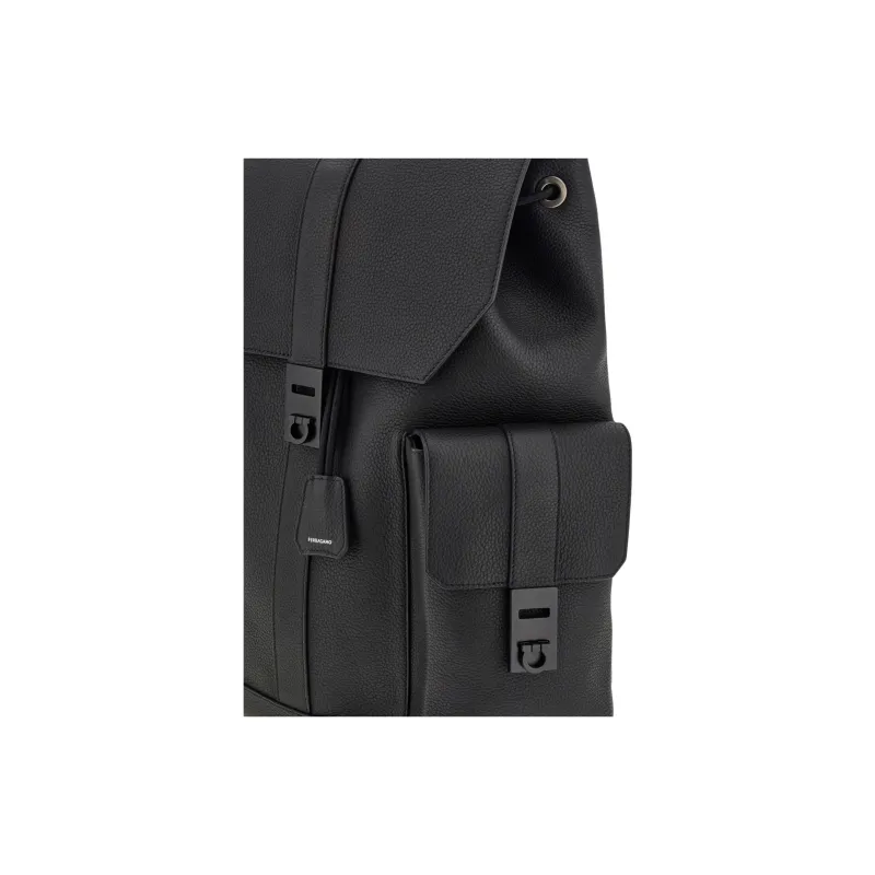 FERRAGAMO GANCINI Hammered Texture Calfskin Backpack Men's Black-4