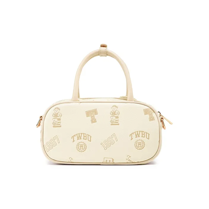 Teenie Weenie PU Bowling Bag, Crossbody, One Shoulder, Handbag Women's Cream Yellow/Cherry Blossom Pink-2