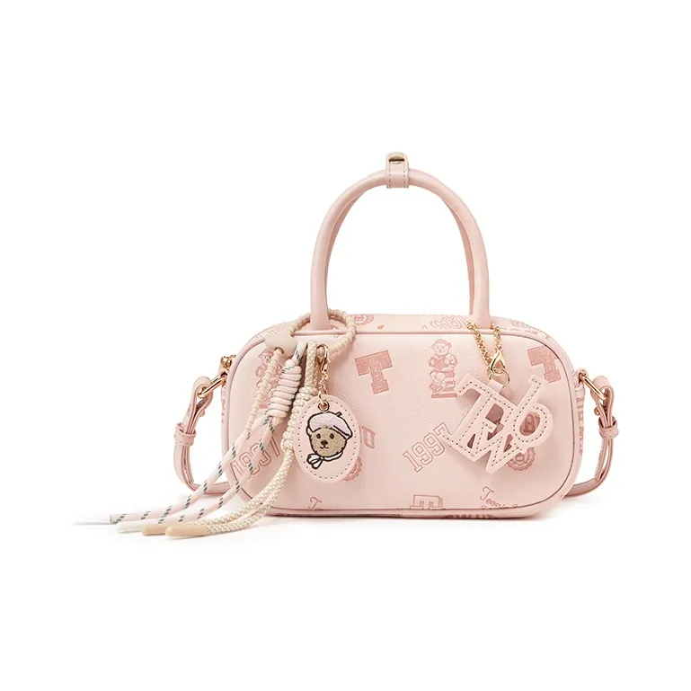 Teenie Weenie PU Bowling Bag, Crossbody, One Shoulder, Handbag Women's Cream Yellow/Cherry Blossom Pink-5
