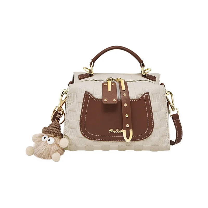 CNNCOO Cow Leather Boston Bag, Shoulder Bag, Crossbody Bag, Handbag Regular Women's Ecru & Brown-6