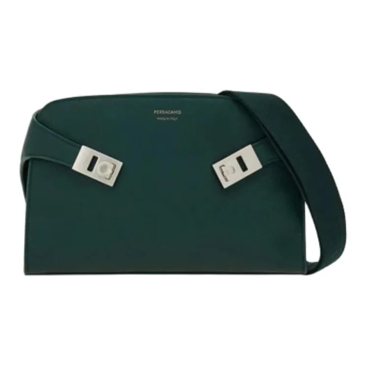 FERRAGAMO Hug Hammered Texture Calfskin Messenger Bag, Shoulder Bag Men's Moss Green-0