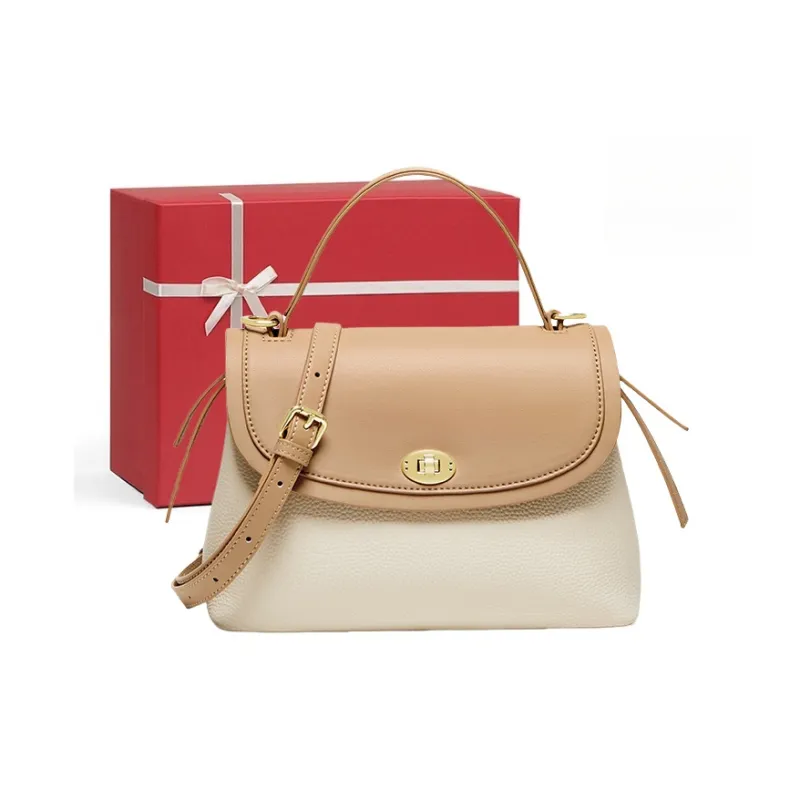 CNNCOO Cow Leather Shoulder Bag, Crossbody Bag, Handbag Women's Ecru & Apricot/Elephant Gray-0