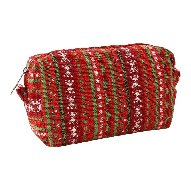 QEEDNS Knitted Fabric Christmas Red Large Capacity Makeup Bags-8