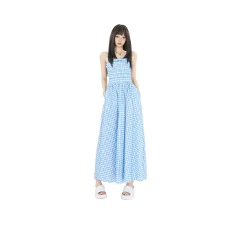 Kazakhstan Slip Dresses Women's Blue White Plaid Long Skirt