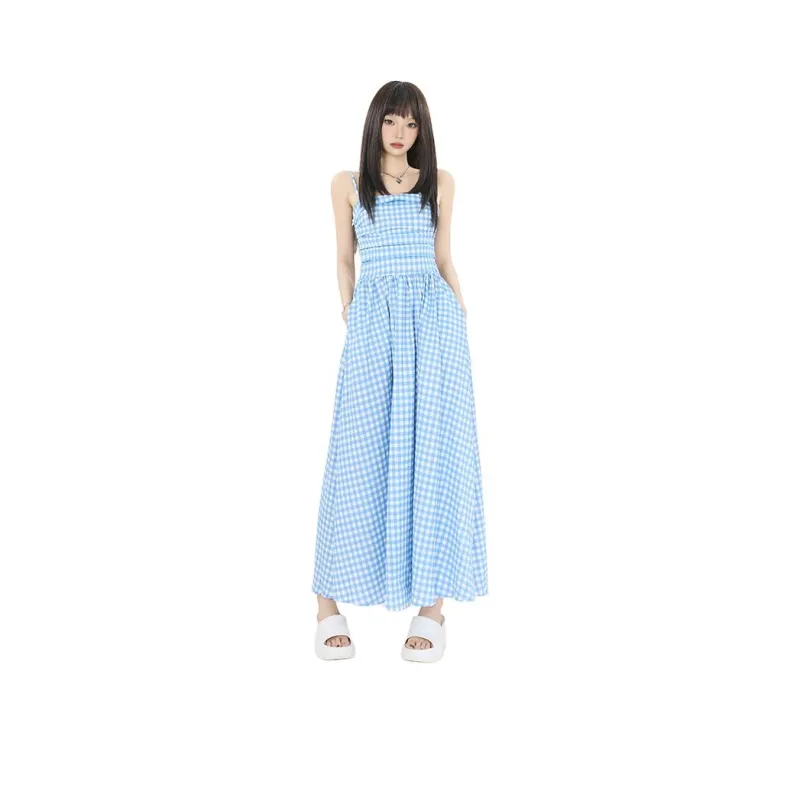 Kazakhstan Slip Dresses Women's Blue White Plaid Long Skirt-0