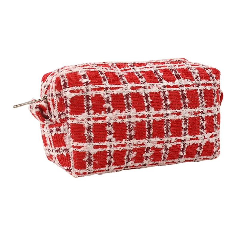 QEEDNS Knitted Fabric Christmas Red Large Capacity Makeup Bags-4