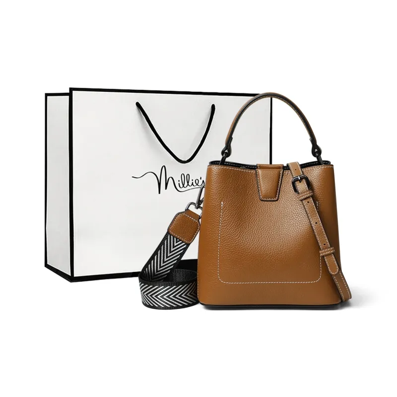 MILLIE'S Cow Leather Shoulder Bag, Crossbody Bag, Handbag Regular Women's Ecru/Caramel-6