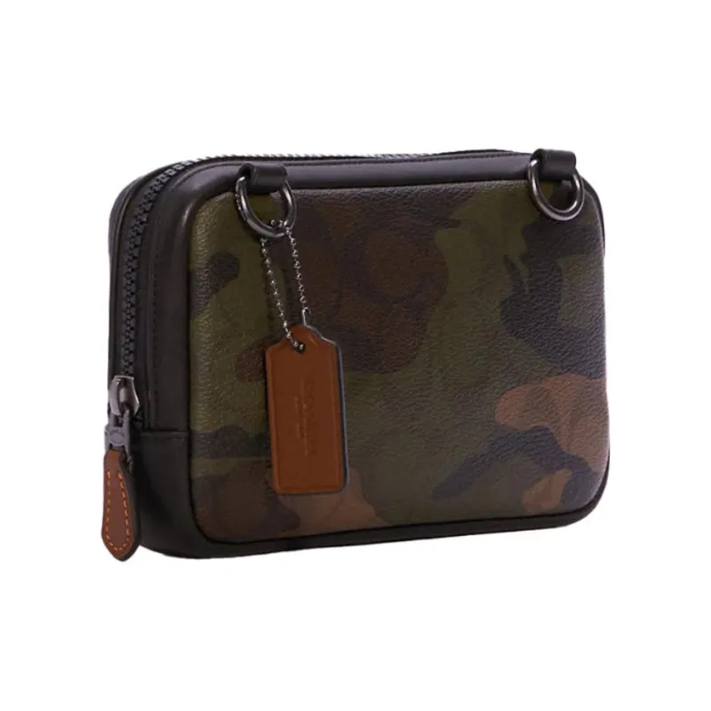 COACH Carrier Canvas With Calfskin One Shoulder Cell Phone Mahjong Crossbody Bag Trumpets Unisex Dark Green-1