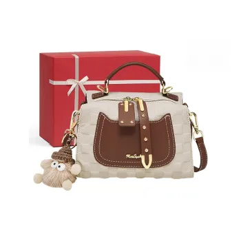 CNNCOO Cow Leather Boston Bag, Shoulder Bag, Crossbody Bag, Handbag Regular Women's Ecru & Brown