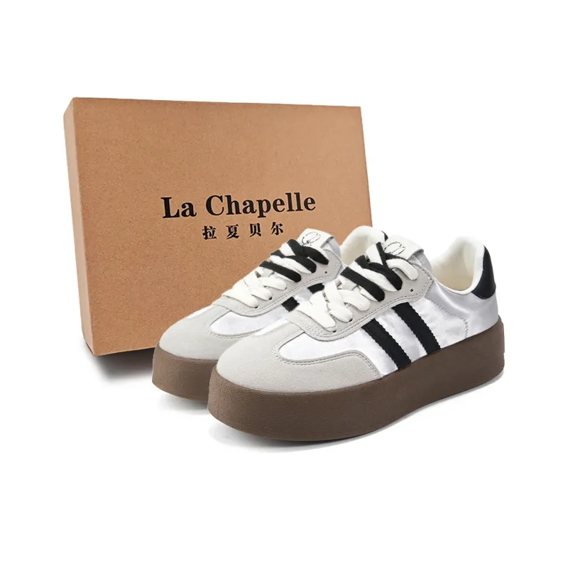 La Chapelle Anti Slip Wear Resistant Low Top Skateboard Shoes Women's Beige Silver Gray-0