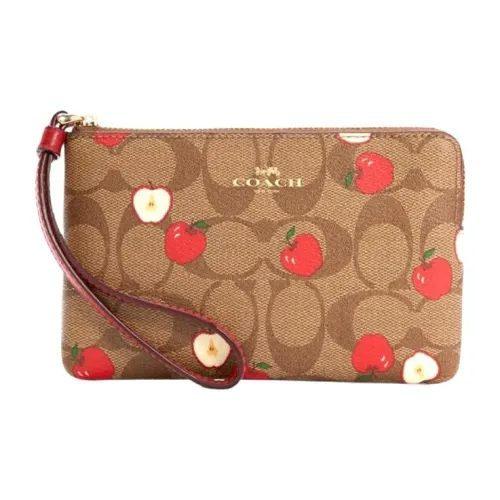 COACH Corner Zip Canvas With Leather Card Holder Clutch Wallet Medium Size Women's Khaki