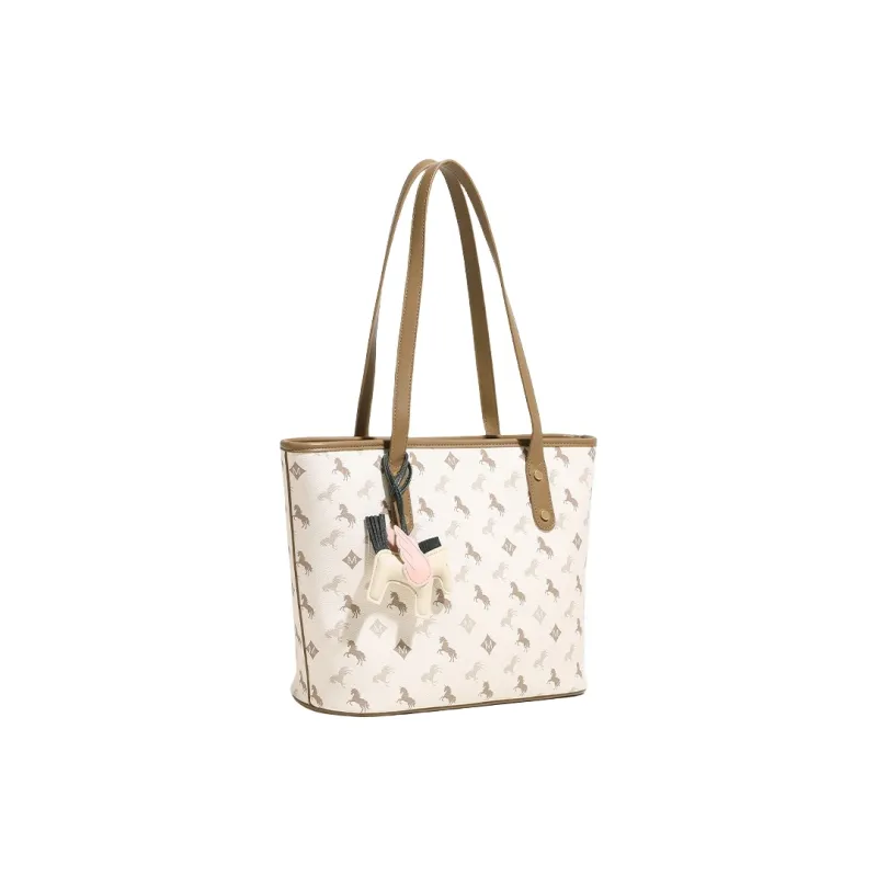 PESASRIE PU Tote Bag, Shopping Bag, Shoulder Bag Women's Ecru/Black-1