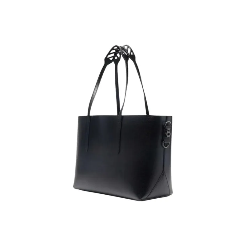 OFF WHITE Genuine Leather Tote Bag, Shopping Bag, One Shoulder Handbag Medium Size Women's Black White-1