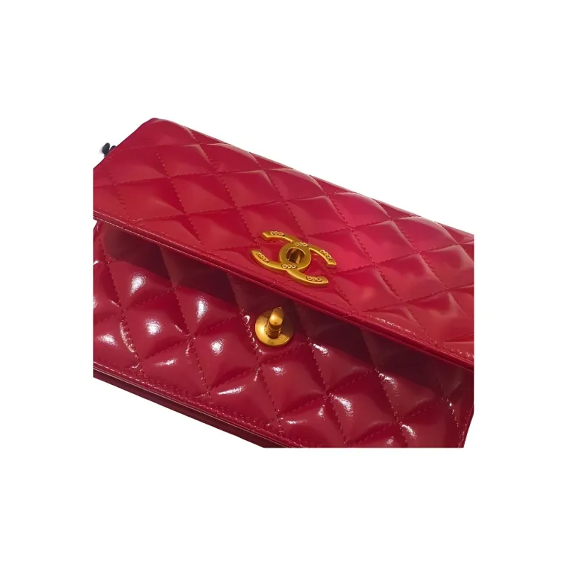 CHANEL Shiny Leather Shoulder Bag, Crossbody Bag Women's Red-4