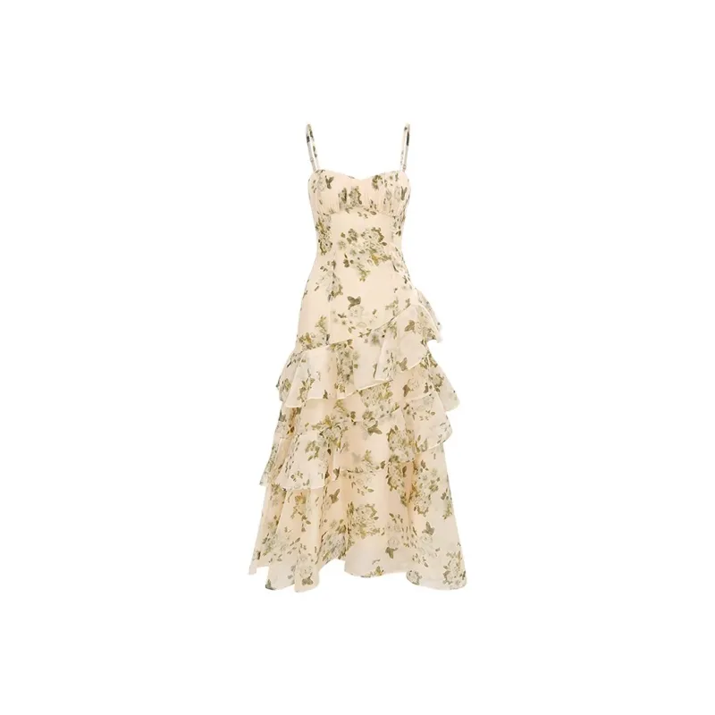 Mu Xiao Xin Slip Dresses Women's Green Floral-0