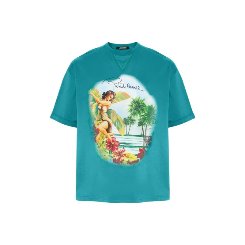 Roberto Cavalli SS24 Drop Shoulder Sleeve T-Shirt Men's Turquoise-0