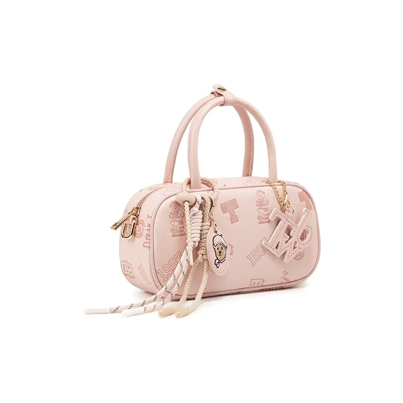 Teenie Weenie PU Bowling Bag, Crossbody, One Shoulder, Handbag Women's Cream Yellow/Cherry Blossom Pink-6