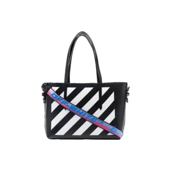 OFF WHITE Genuine Leather Tote Bag, Shopping Bag, One Shoulder Handbag Medium Size Women's Black White