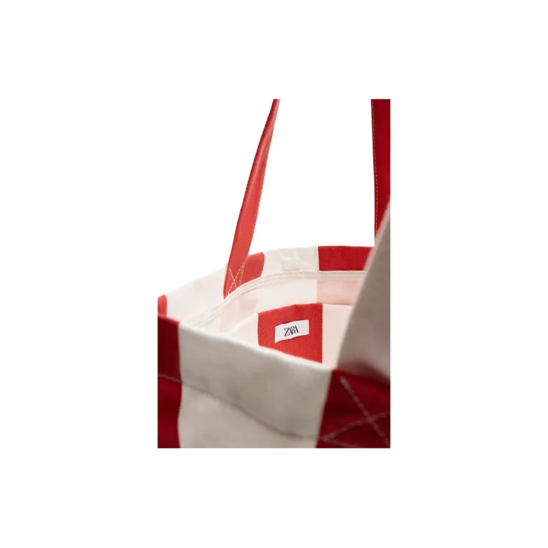 ZARA Cotton Tote Bag, Shopping Bag, Shoulder Bag Men's Red-3