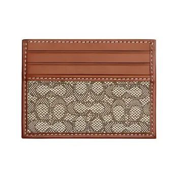 COACH Card Case Jacquard With Calfskin Coin Purses Card Holders Men's Brown & Gray Monogram