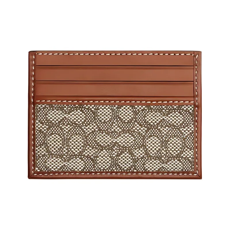 COACH Card Case Jacquard With Calfskin Coin Purses Card Holders Men's Brown & Gray Monogram-0