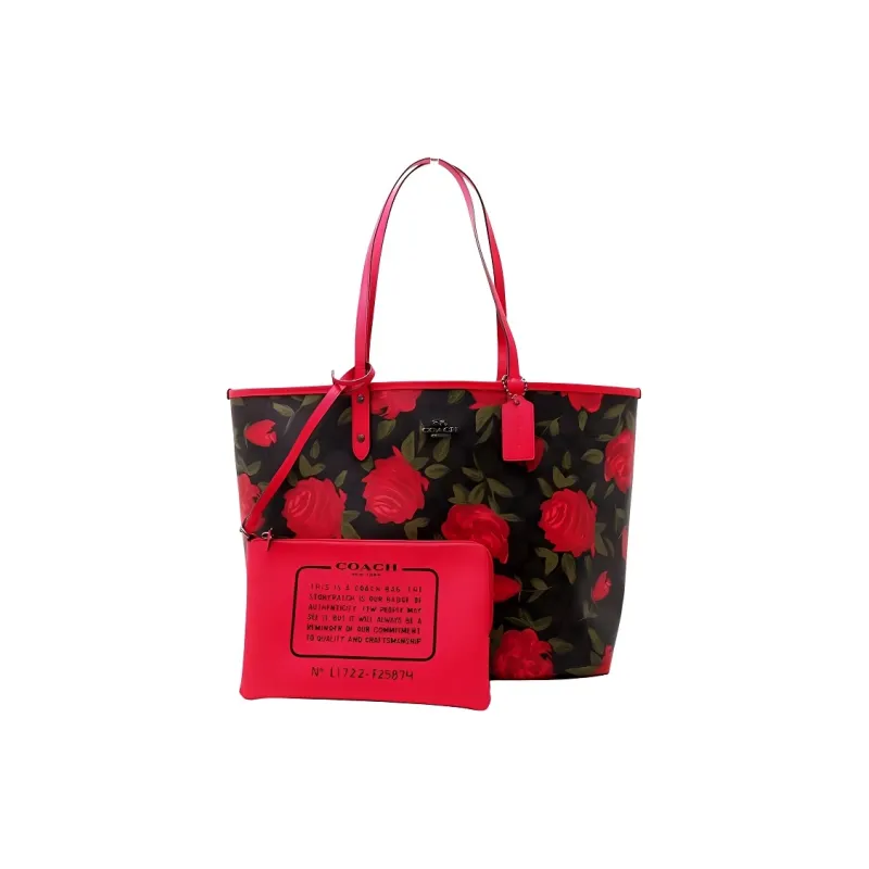 COACH City Canvas Shoulder Bag, Handbag Tubas Women's Monogram Dark Brown & Red-1