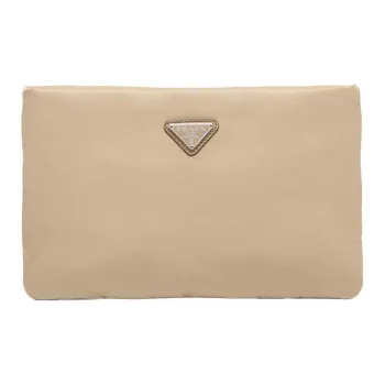 PRADA Textile Cow Leather Shoulder Bag Crossbody Bag Chain Clutch Women's Khaki
