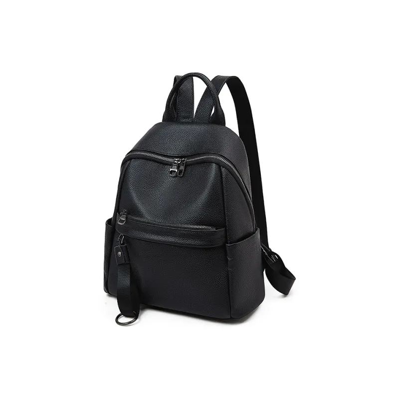 Old Man's Head Top Grain Cow Leather Backpack Women's Black-5