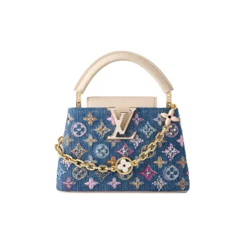 LOUIS VUITTON Leather Trim One Shoulder Handbag Women's Denim Blue