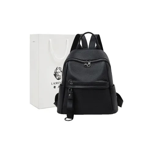 Old Man's Head Top Grain Cow Leather Backpack Women's Black