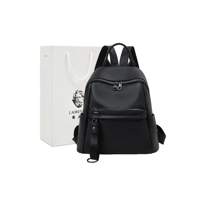 Old Man's Head Top Grain Cow Leather Backpack Women's Black-0