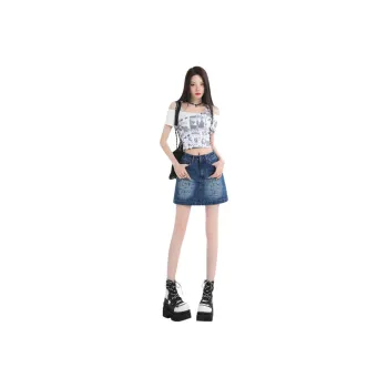 Wen Shan Denim Short Skirts Women's Vintage Blue
