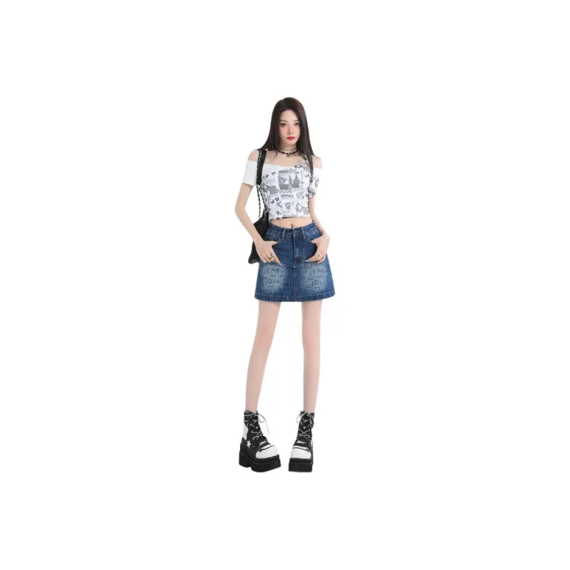 Wen Shan Denim Short Skirts Women's Vintage Blue-0