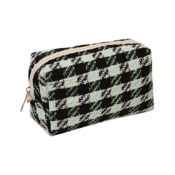 QEEDNS Ins Refreshing Green Plaid Makeup Bags Large Capacity Canvas