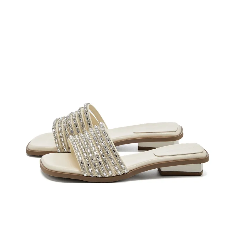 La Chapelle Rhinestone Abrasion Resistant Slide Slippers Women's Beige-2