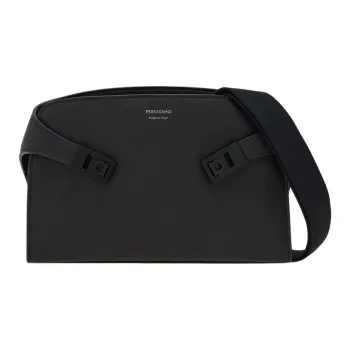 FERRAGAMO Hug Hammered Texture Calfskin Messenger Bag, Crossbody Bag Men's Black