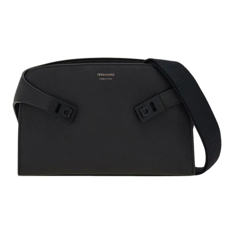 FERRAGAMO Hug Hammered Texture Calfskin Messenger Bag, Crossbody Bag Men's Black-0